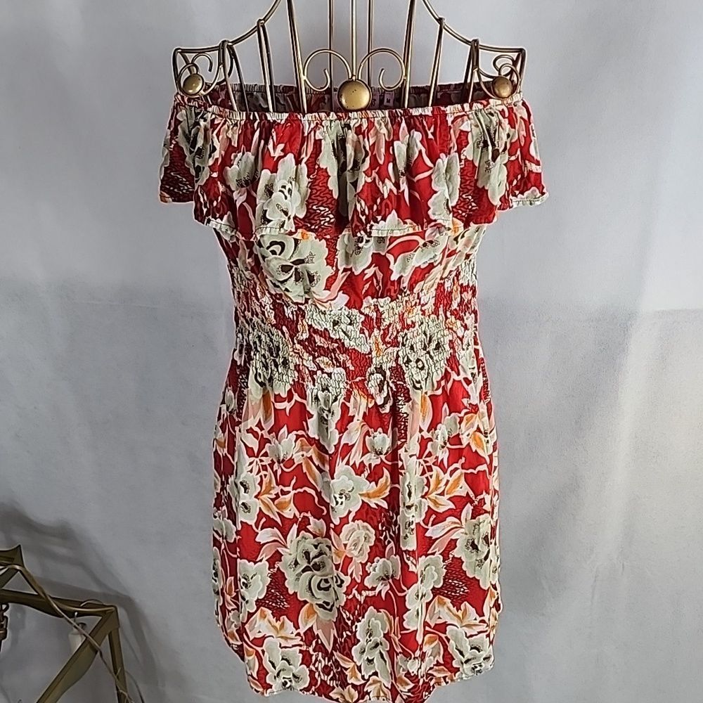 Floral Strapless Dress - Red and White